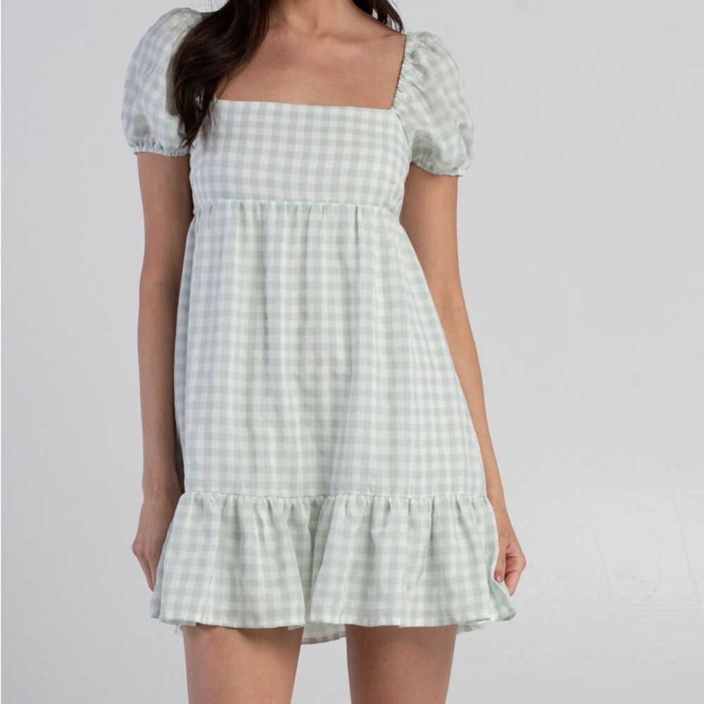 FULL TILT Gingham Puff Sleeve Babydoll Dress-Jade color.